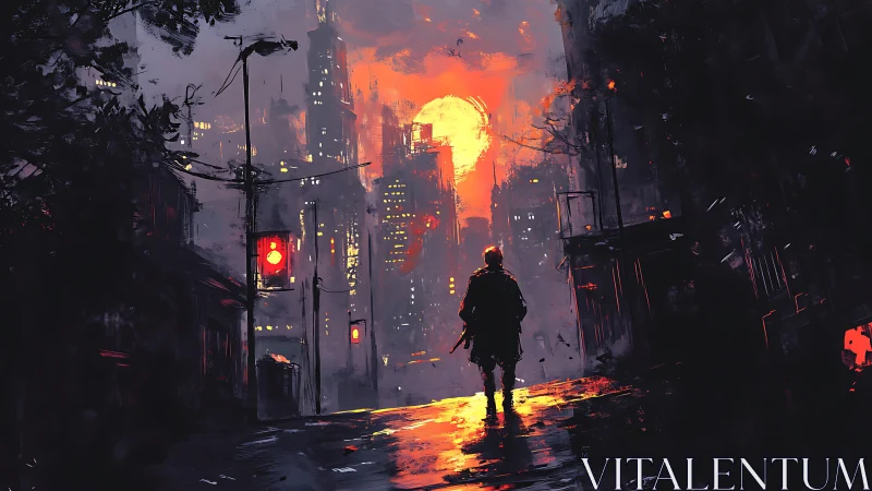 Lone wanderer on neon-soaked street at burning dusk skyline.