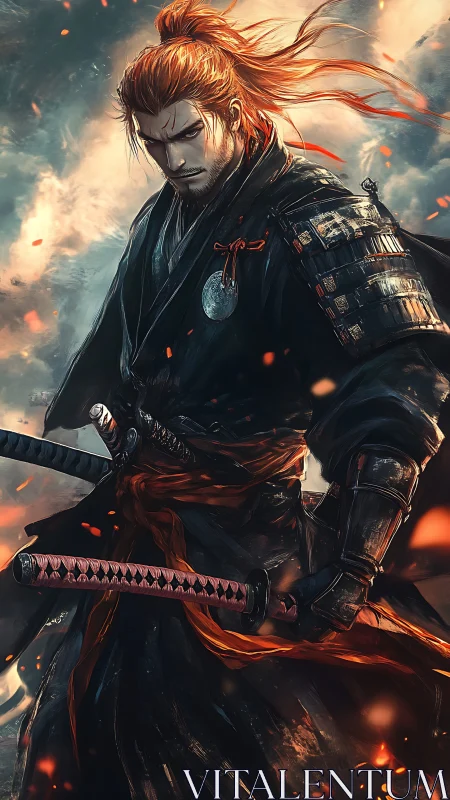Armored samurai warrior in dynamic ember‑lit battlefield stance