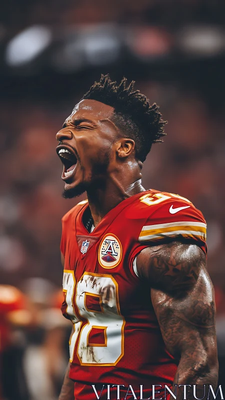 American football player in red jersey shouting on field.