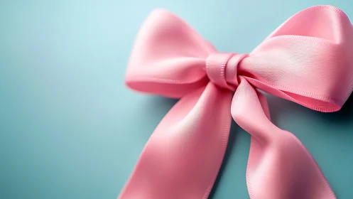 Pink ribbon bow with trailing edges against turquoise background.