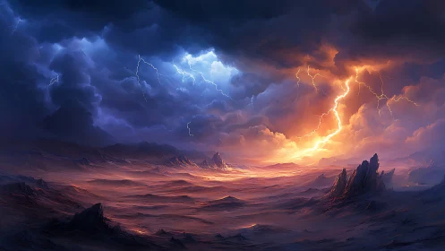 Storm-lit alien desert under dramatic lightning sky.
