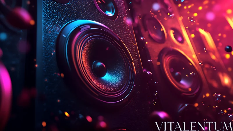 Glowing party speakers pulsing with colorful music energy.