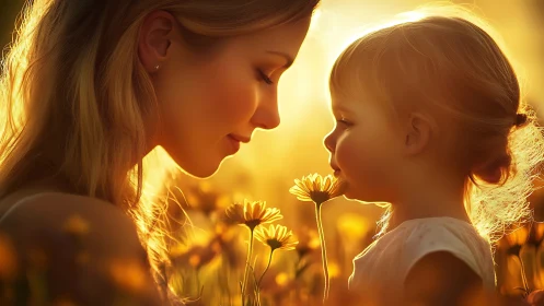 Mother and Daughter in Golden Hour Flower Field.