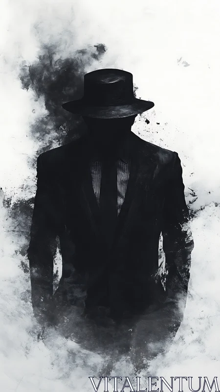 Silhouetted figure in suit and hat within diffuse grayscale field.