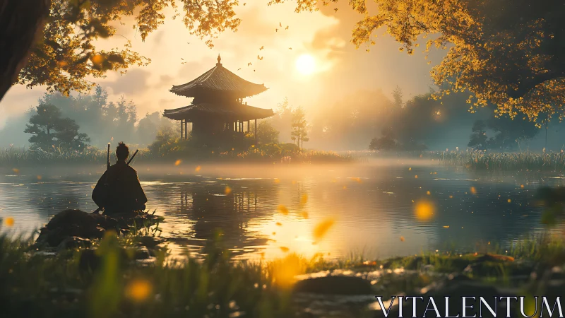 Samurai at lakeside shrine under golden sunrise mist.