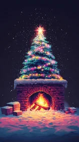 Firelit Christmas tree blazing with color and snowfall magic.