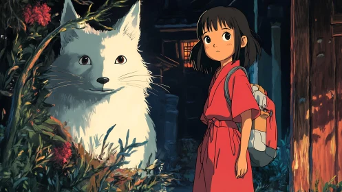 Gentle forest spirit meets a curious girl at twilight