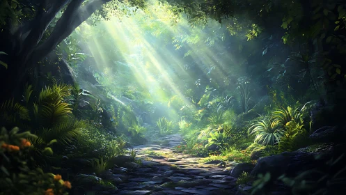 Illuminated forest passage with cave opening and dense vegetation layers