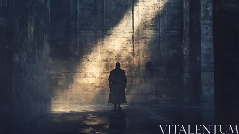 Solitary figure crossing misty hall in slanting light.