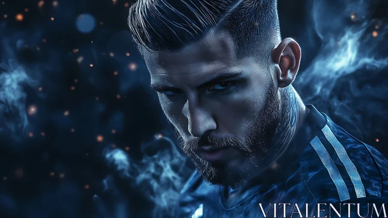 Close male portrait with blue lighting and smoky effects.