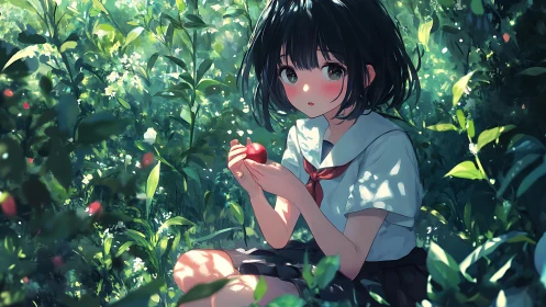 Schoolgirl cradles red berry in a sunlit hidden garden.