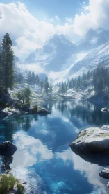 Sunlit alpine lake cradled by dreamy blue mountains.