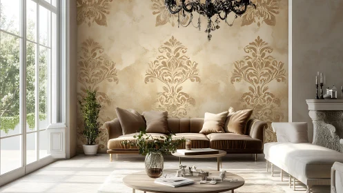 Symmetrical neoclassical living room uses ornate damask accent wall