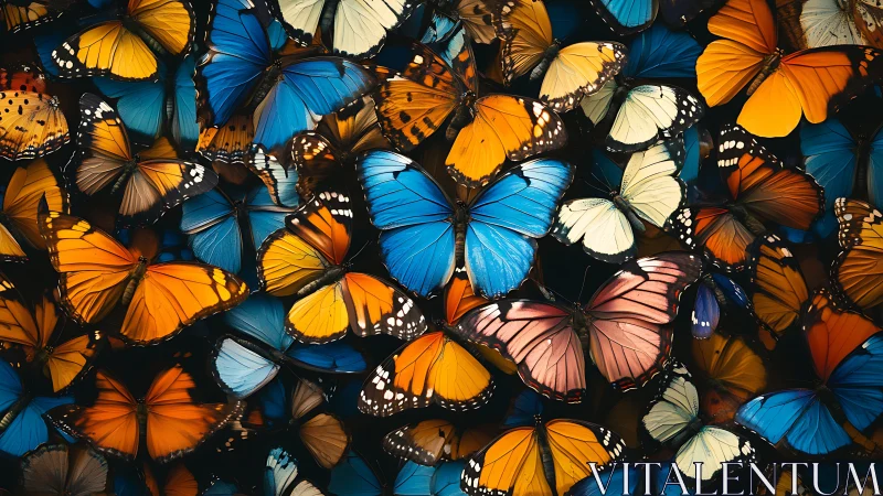 Dense macro cluster of multicolored butterfly wings in focus