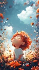 Red haired child in orange flower field under bright sky.