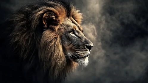 Majestic lion profile emerges from shadowy smoky darkness