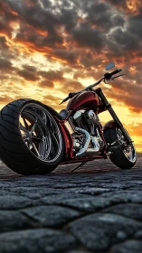 Low-angle custom chopper motorcycle under dramatic sunset sky.