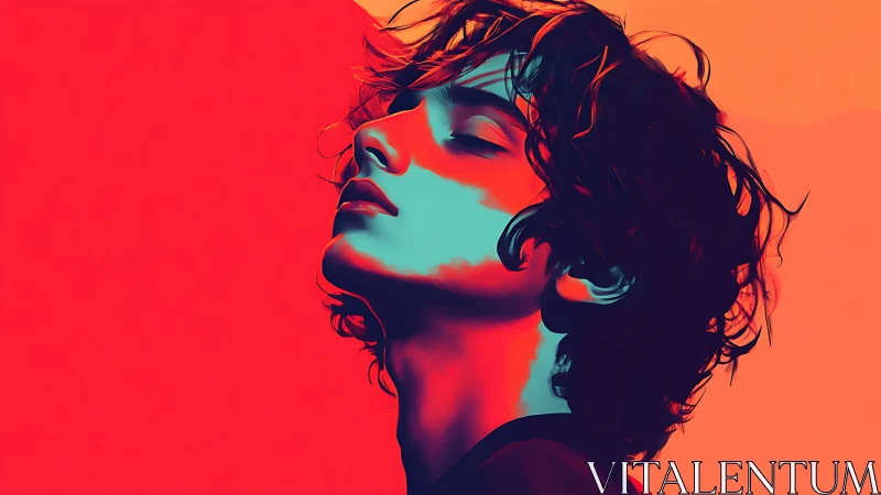 Stylized side portrait in bold red and cyan tones.