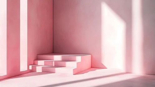 Minimal pink staircase glows in soft geometric sunlight.