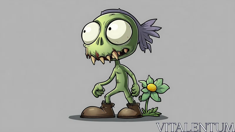 Cartoon zombie kid with flower and oversized boots stands