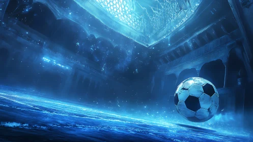 Frozen cosmic arena where a lone soccer ball guards silence.