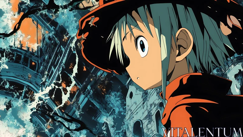 Young wanderer in red coat quietly studies a ruined city