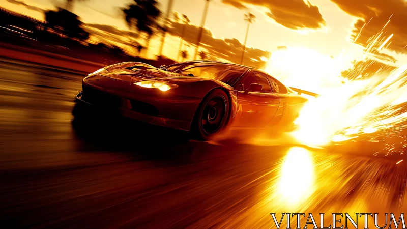 Supercar tears through fiery sunset street in explosive speed