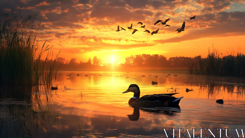Golden hour lake with proud duck and drifting fireclouds.