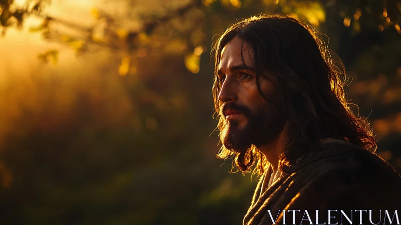 Male figure in side profile under warm sunset illumination.