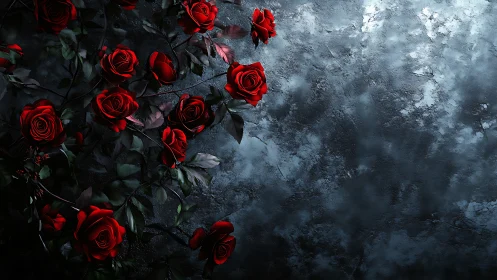 Crimson Roses Against Weathered Stone: Contrast Study in Dramatic Texture