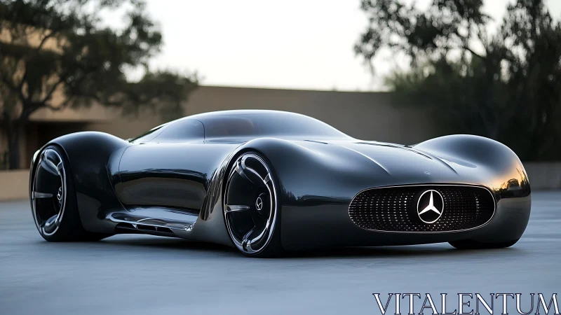 Futuristic black concept car gliding into a soft sunset glow.