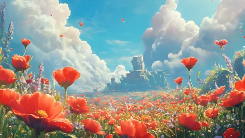 Digital landscape shows poppy field with distant stone ruins