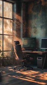 Morning light in a cozy coder&rsquo;s industrial home office.