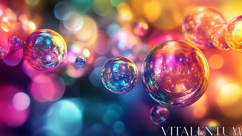 Colorful transparent bubbles float against blurred bokeh lights