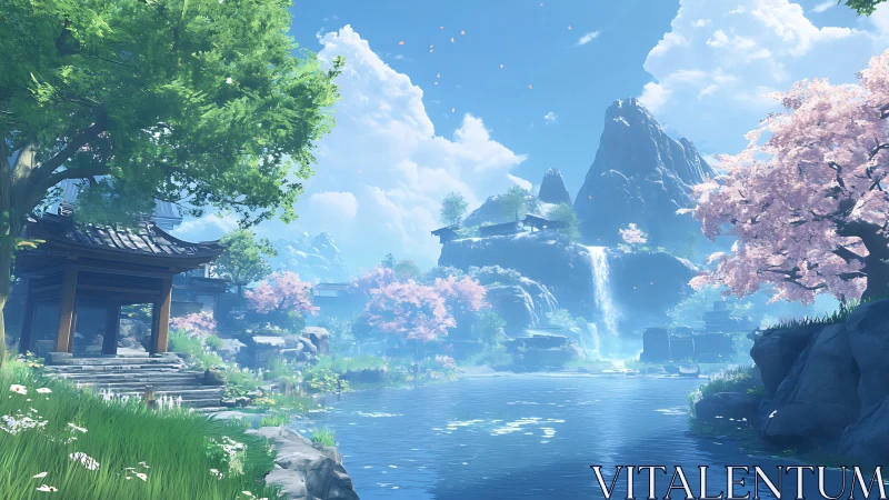 Digital landscape shows river, cherry blossoms, mountains, waterfall