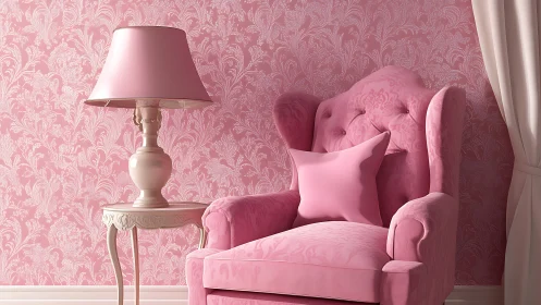 Monochromatic pink armchair, lamp, and damask wallpaper.