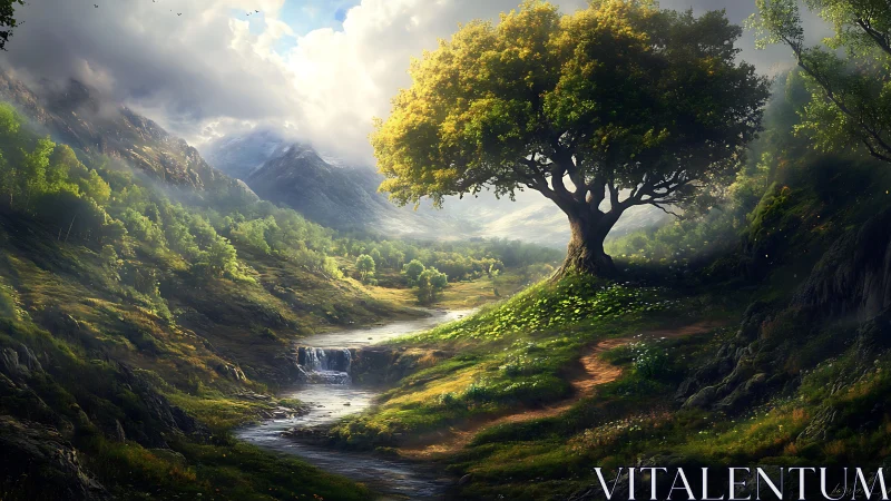 Sunlit valley path beneath a guardian tree of quiet wonder.