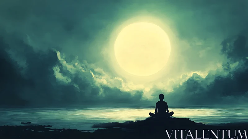 Silhouette meditates before massive moon over still water