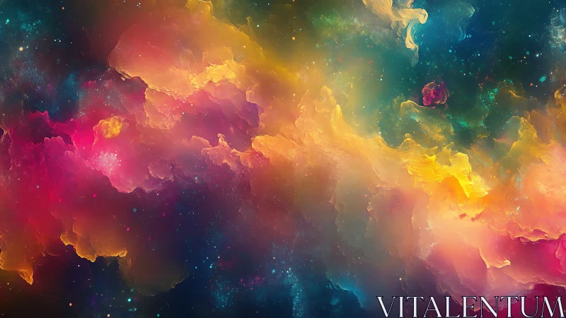 Multicolored nebula-like digital cloud formation in space.