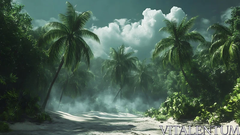 Tropical Beach Coastline with Atmospheric Volumetric Mist and Palm Verdancy.