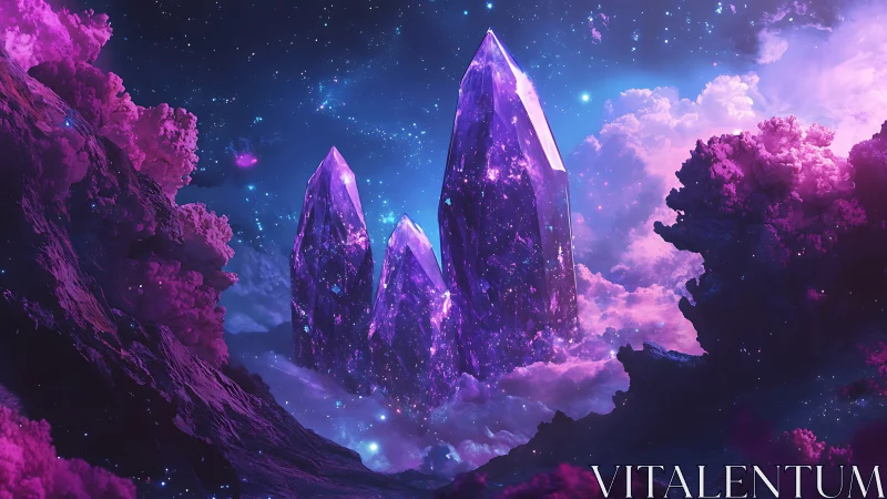 Purple crystalline spires rise from nebula clouds in space