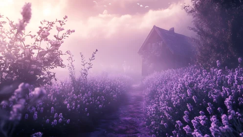 Lavender path leads toward misty cottage at sunrise glow