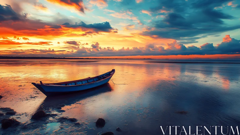Lonely tide boat dreaming under electric watercolor sky.