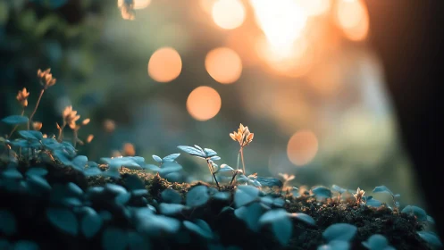 Tiny woodland sprouts under warm sunset bokeh glow.