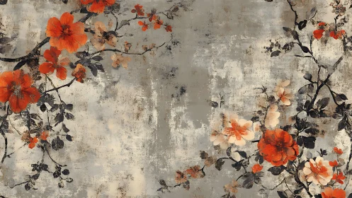 Weathered Red Flowers Against Grayed Stone Wall.