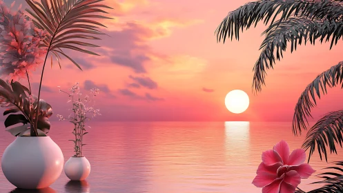 Tropical potted plants frame calm ocean sunset view