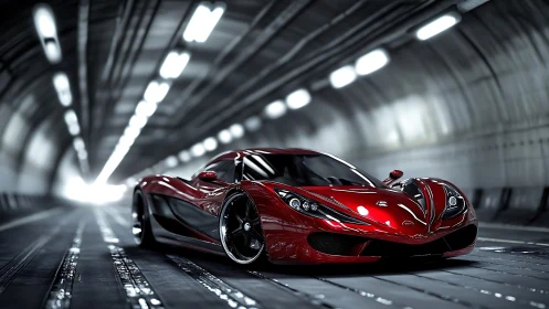 Red aerodynamic sports car is positioned in a tunnel