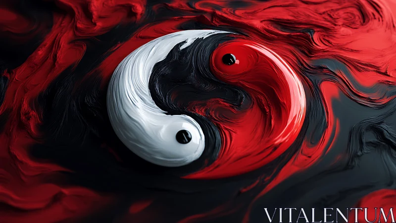 High-gloss yin yang symbol in swirling red-black fluid field