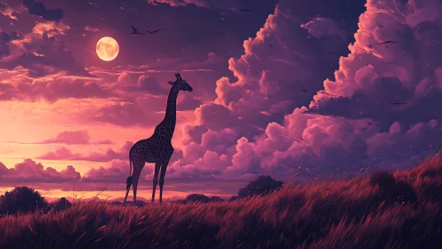 Giraffe silhouette under lunar dusk sky with magenta cumulonimbus