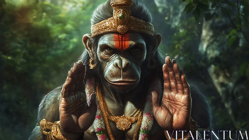 Regal monkey deity portrait with raised hands in forest.